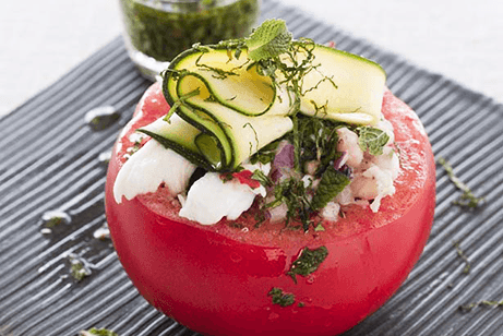 STUFFED TOMATOES WITH CRUSHED BEANS, MOZZARELLA & CHIMICHURRI