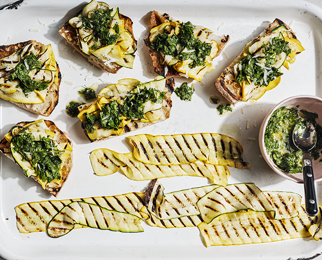 Char-grilled courgettes on garlic toast  with parsley relish