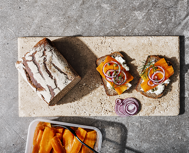 Salt-cured carrot lox on rye